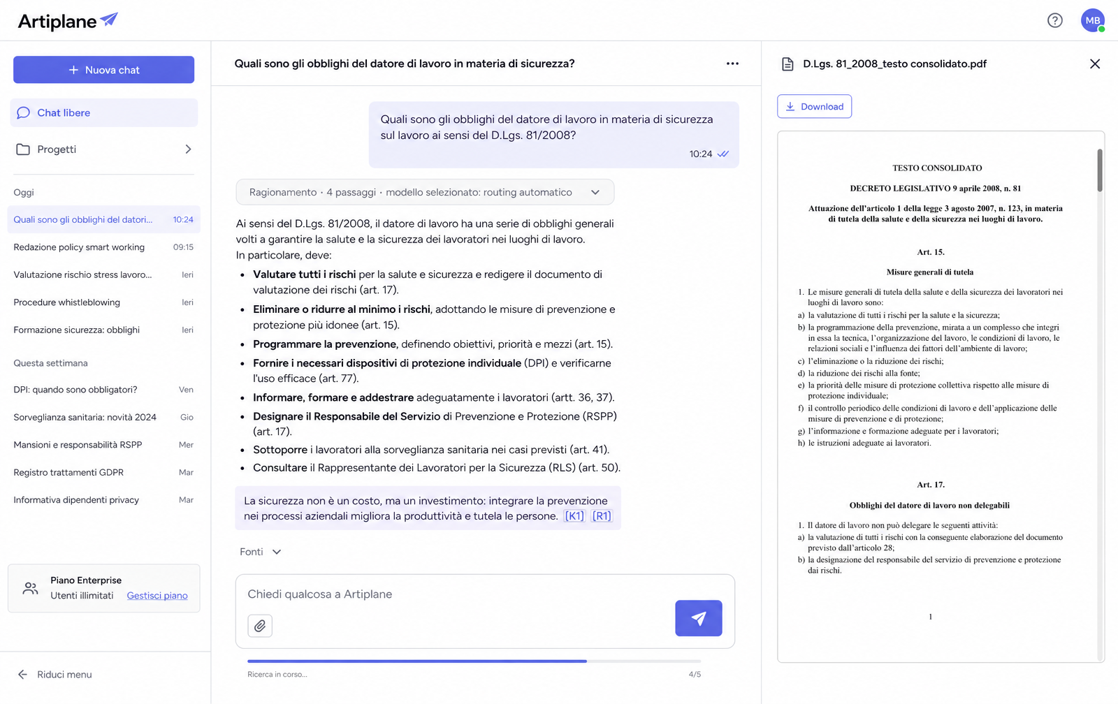 Chat AI Artiplane con blocco ragionamento e preview documento